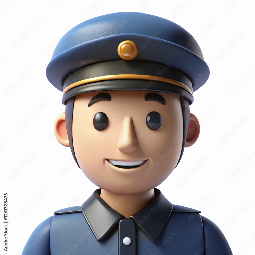 Smiling Cartoon Police Officer in Blue Uniform with Hat and Buttoned Collar on Transparent Background Smiling Cartoon Police Officer in Blue Uniform with Hat and Buttoned Collar on Transparent Background