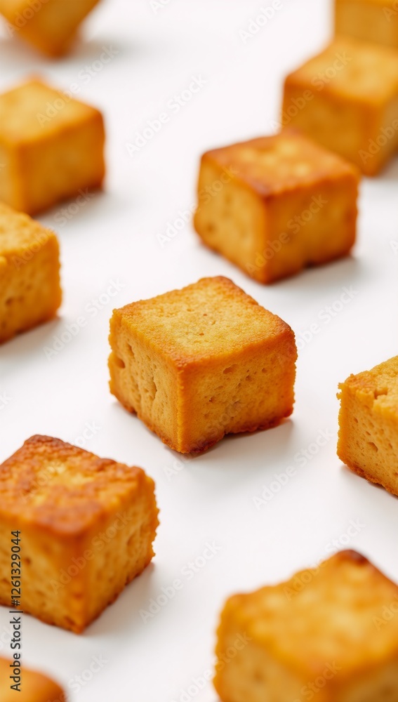 Crispy fried tofu artfully displayed on pristine white backdrop highlights tasty plant-based protein choice for vegetariansvegans Crispy fried tofu artfully displayed on pristine white backdrop highlights tasty plant-based protein choice for vegetariansvegans