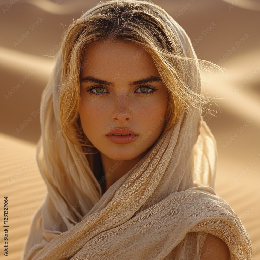 Young woman in a desert wearing a light scarf, showcasing natural beauty Young woman in a desert wearing a light scarf, showcasing natural beauty