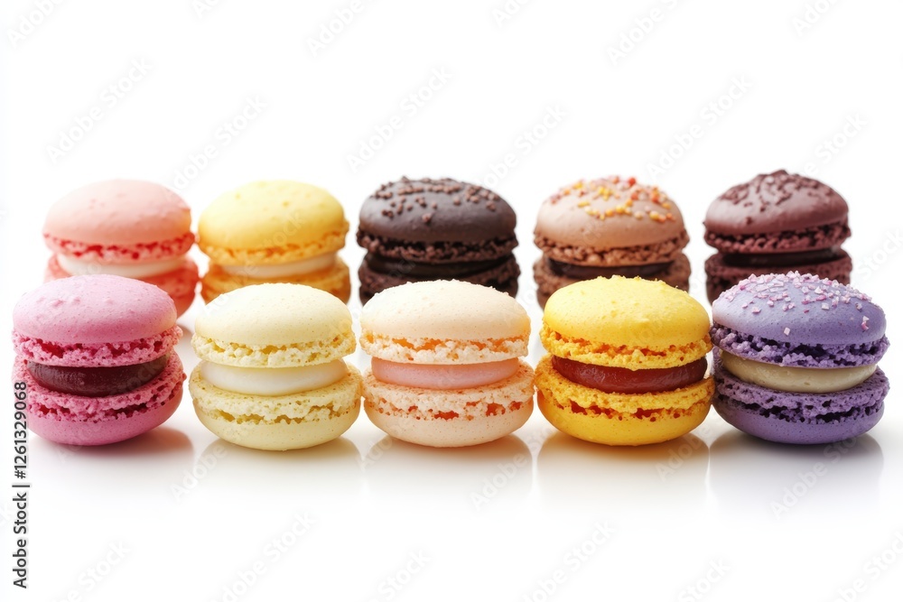 Colorful macarons standing in a row on white background Colorful macarons standing in a row on white background