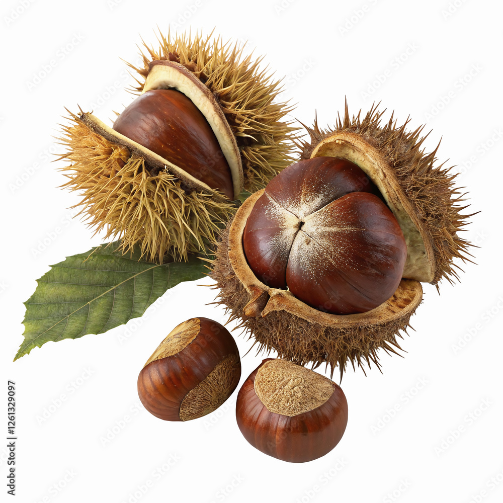 Fresh Brown Chestnuts Inside Spiky Husk with Green Leaf Isolated on Transparent Background for Food Uses Fresh Brown Chestnuts Inside Spiky Husk with Green Leaf Isolated on Transparent Background for Food Uses