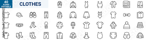 Fashion clothing line icons. sewing, clothing. Outline icon collection. Editable stroke. Vector illustration.