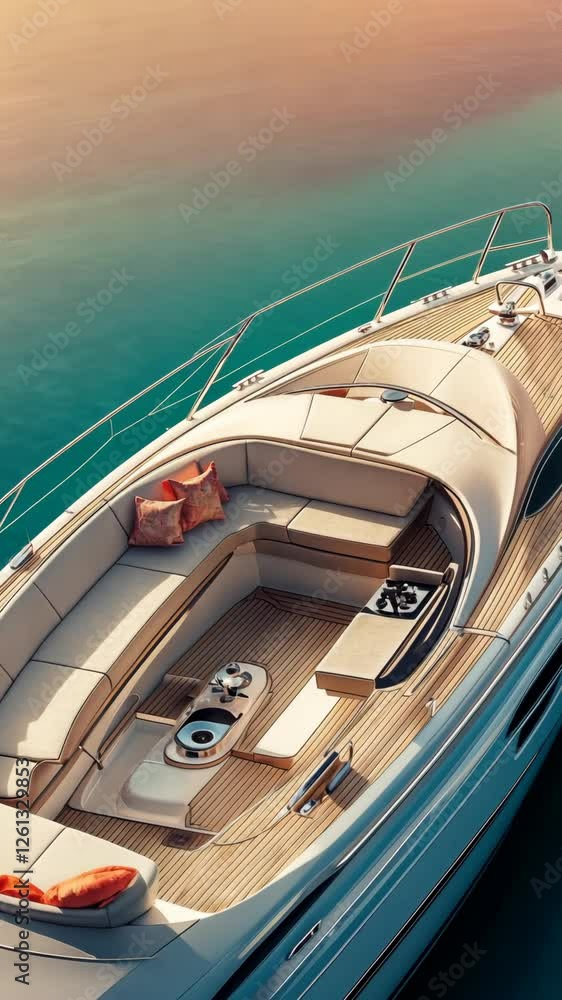 Luxurious yacht deck with elegant seating and modern amenities on calm waters at sunset Luxurious yacht deck with elegant seating and modern amenities on calm waters at sunset