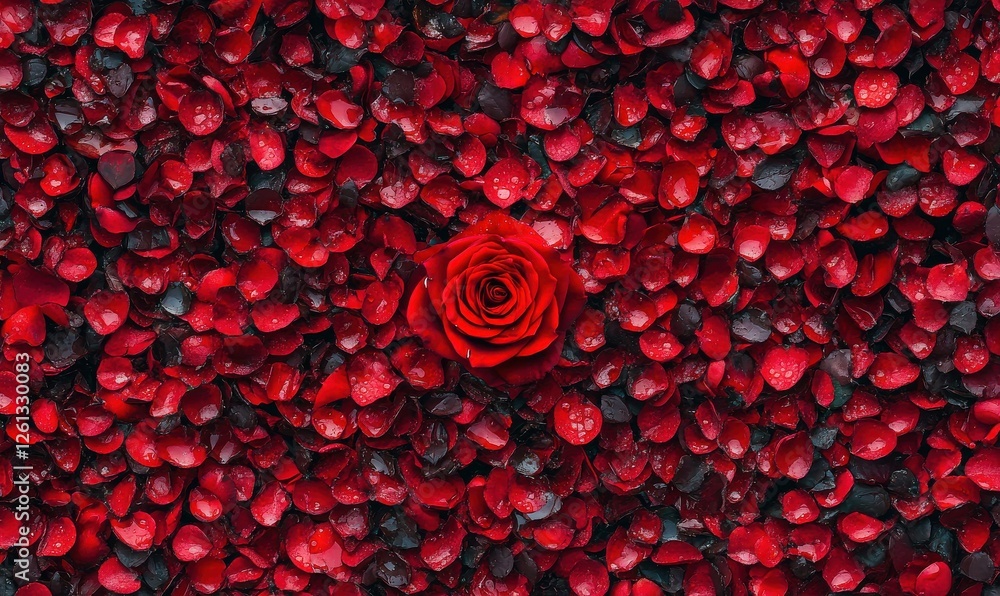 Close up of a vibrant red rose surrounded by a blanket of red petals with dew drops Close up of a vibrant red rose surrounded by a blanket of red petals with dew drops