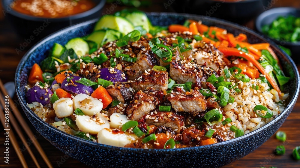 Delicious Asian bowl with grilled meat, vegetables and brown rice. Ideal for healthy food blog or recipe Delicious Asian bowl with grilled meat, vegetables and brown rice. Ideal for healthy food blog or recipe