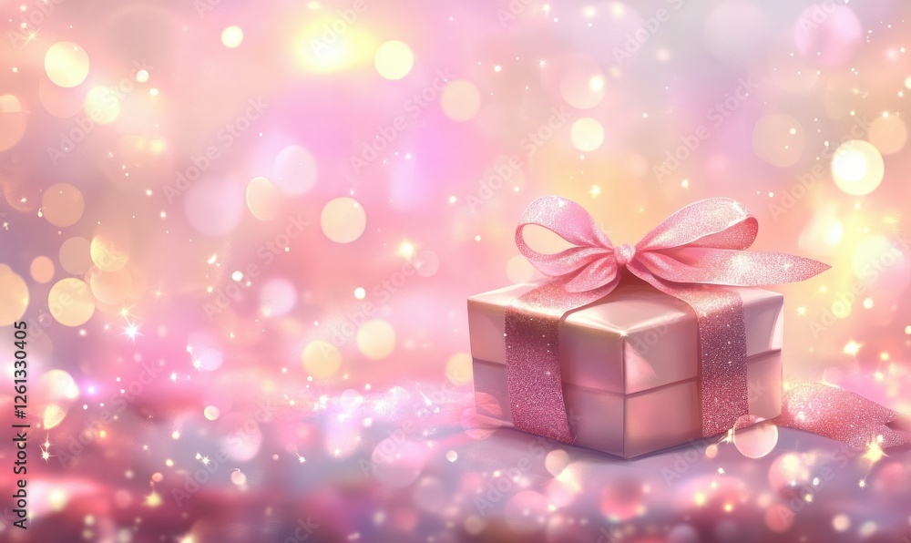 An inviting composition with a glittering gift box and a pink bow ribbon, set against a bokeh lights backdrop. Great for Valentine's Day or birthday fashion cards.
