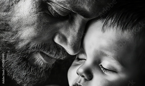Close-up of father cudddling his little son.