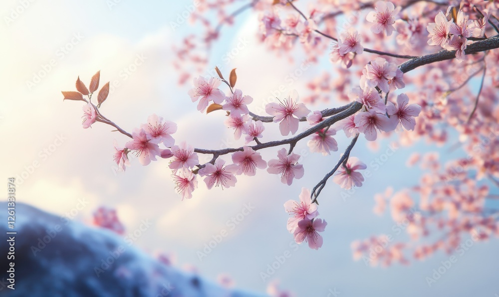 Close-up of a blossoming cherry tree branch with delicate pink flowers, against a soft blurred sky for a spring-inspired look. Close-up of a blossoming cherry tree branch with delicate pink flowers, against a soft blurred sky for a spring-inspired look.