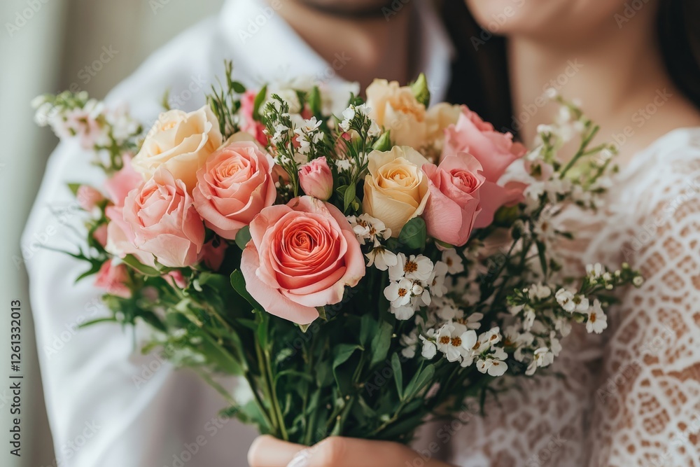 Happy couple holding pink and peach rose bouquet celebrating wedding Happy couple holding pink and peach rose bouquet celebrating wedding