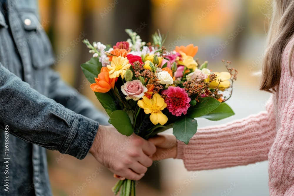 Man giving bouquet of colorful flowers to woman in autumn park Man giving bouquet of colorful flowers to woman in autumn park