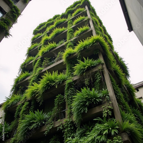 A concrete building is transformed by vibrant greenery into an urban jungle haven photo