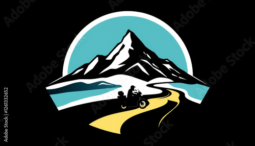 A creative mountain logo illustration with a winding road leading to adventure, featuring a blue and yellow color theme, symbolizing travel, exploration, and nature. photo