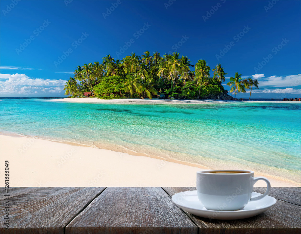 A white cup of coffee sits on a wooden table overlooking a tropical beach with turquoise water, white sand, and tall palm trees under a clear blue sky. A white cup of coffee sits on a wooden table overlooking a tropical beach with turquoise water, white sand, and tall palm trees under a clear blue sky.