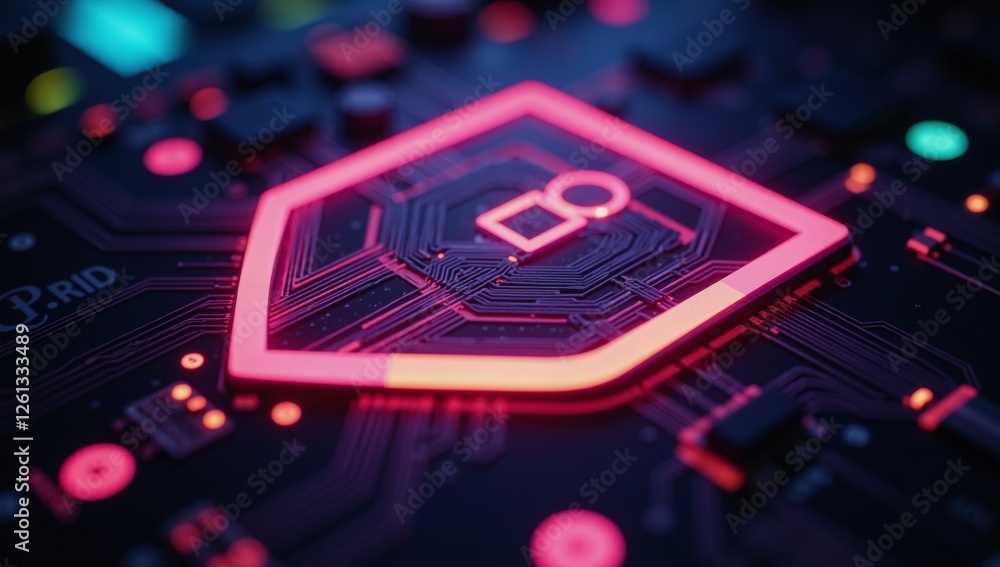 Digital art illustration depicts a stylized cybersecurity shield made of intricate circuits and neon lights