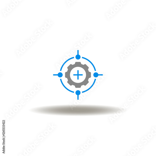 Vector illustration of aim with gear wheel and plus sign. Symbol of calibration.