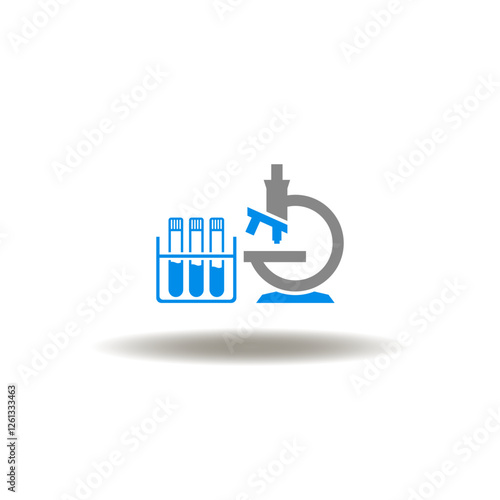 Vector illustration of microscope and test tubes. Icon of chemical analysis. Symbol of medical laboratory research.