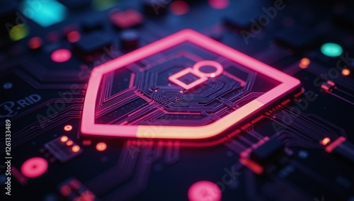 Obraz na płótnie Digital art illustration depicts a stylized cybersecurity shield made of intricate circuits and neon lights w salonie