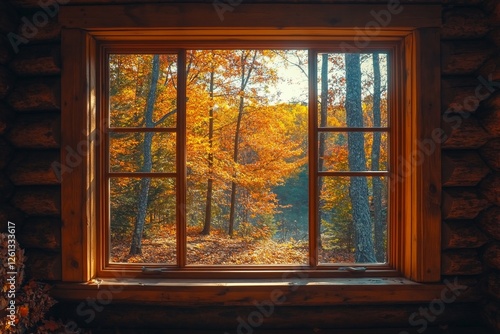 Autumn forest view from cabin window