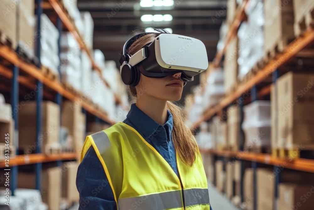 Warehouse worker wearing virtual reality headset and exploring digital twin of storage Warehouse worker wearing virtual reality headset and exploring digital twin of storage