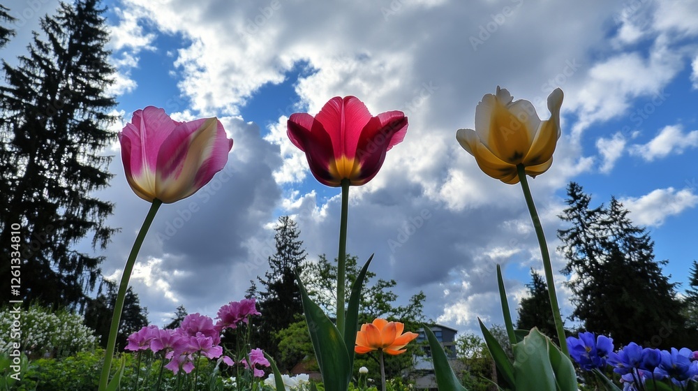 Obraz premium Vibrant tulips and flowers in bloom against cloudy sky