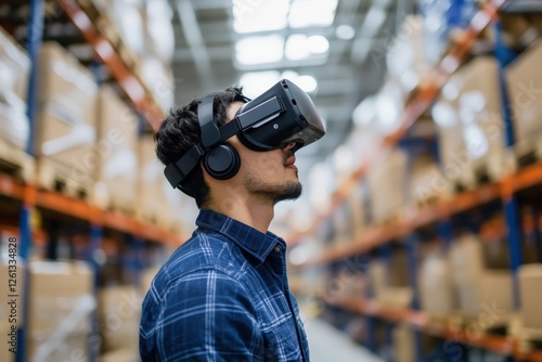 Warehouse worker using virtual reality headset simulating distribution management