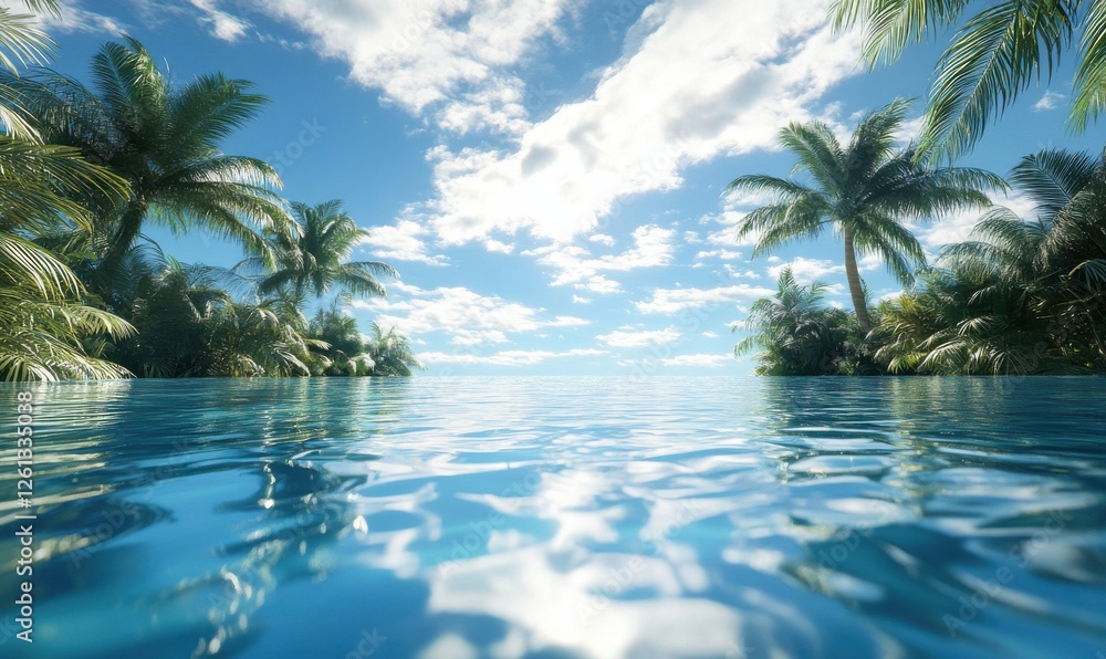 Crystal-clear swimming pool reflecting a bright blue sky and surrounded by tropical palm trees, creating a relaxing oasis. Crystal-clear swimming pool reflecting a bright blue sky and surrounded by tropical palm trees, creating a relaxing oasis.