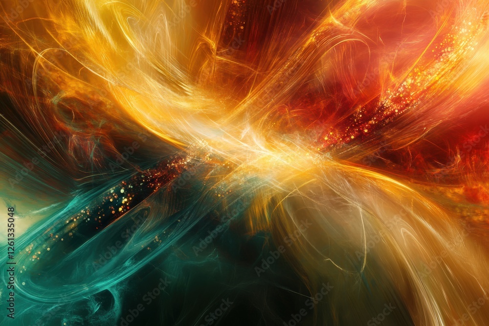 Golden and teal energy streams flow into a fiery vortex, creating an interdimensional portal Golden and teal energy streams flow into a fiery vortex, creating an interdimensional portal