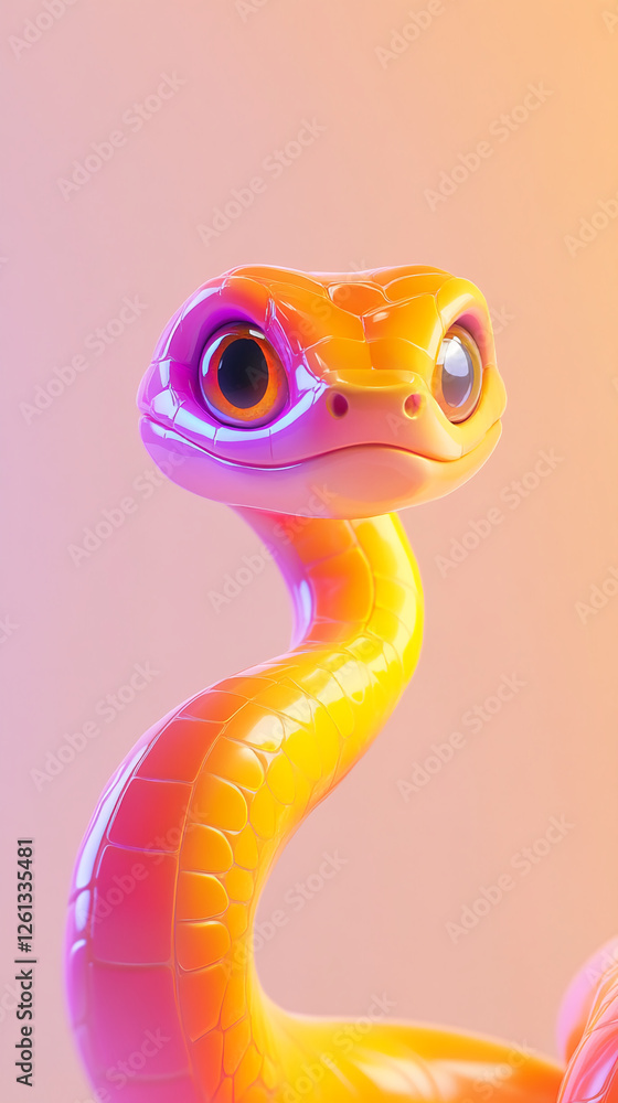 Fototapeta premium Glossy 3D-rendered cartoon snake with large expressive eyes, featuring vibrant orange, pink, and yellow scales against a soft gradient background, symbolizing creativity and fantasy