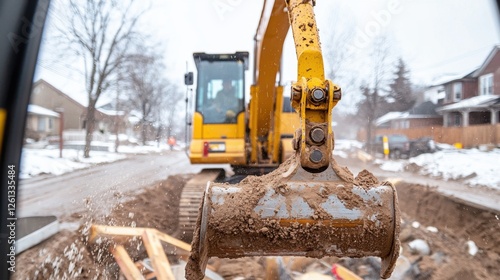 Excavator Working Inside Cabin During Construction Process in Winter