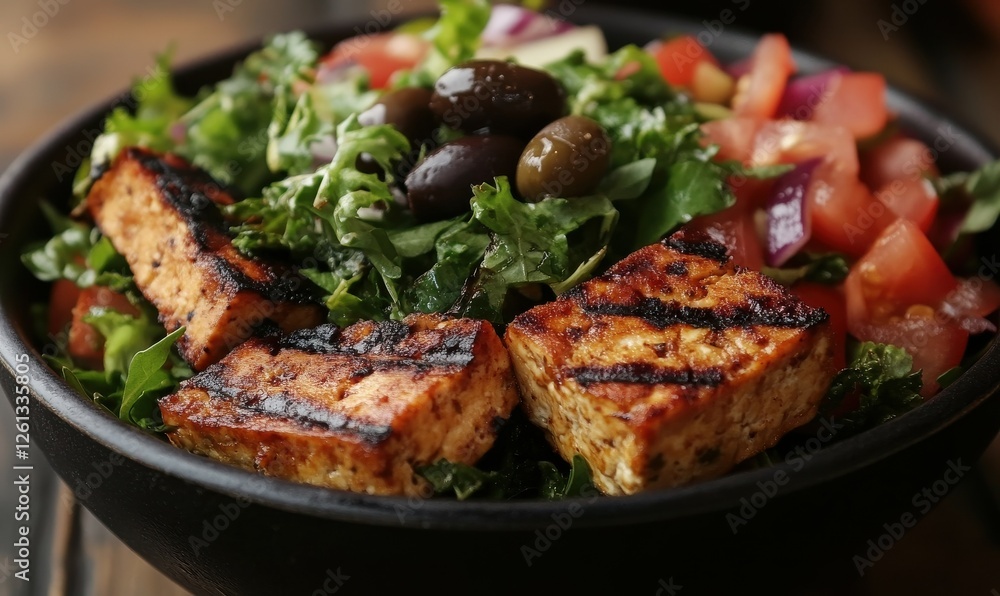 Fresh salad with grilled tofu, olives, tomatoes, and greens served in a dark bowl Fresh salad with grilled tofu, olives, tomatoes, and greens served in a dark bowl