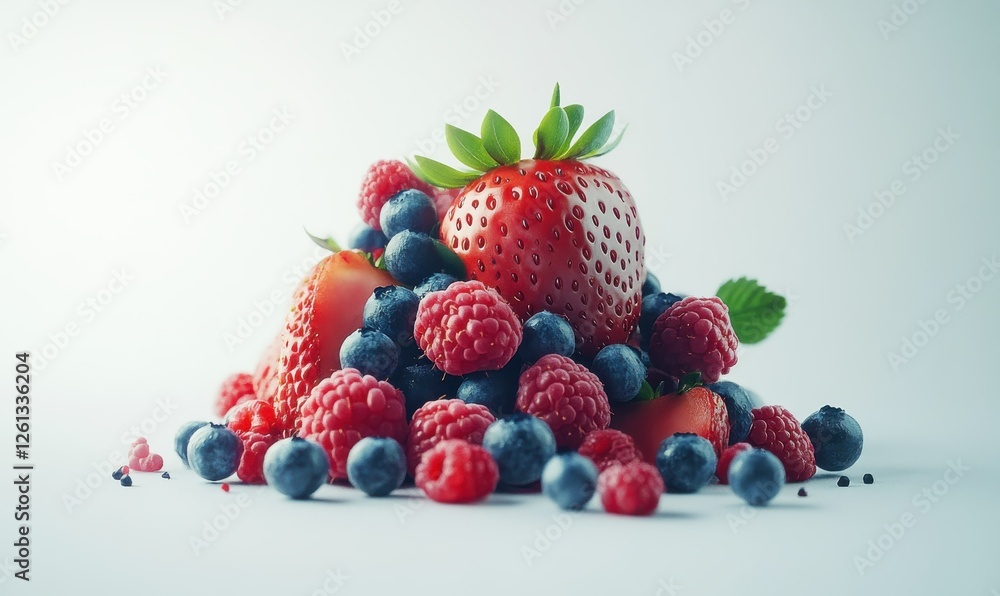 Brilliant array of mixed berries including strawberries, blueberries, and raspberries, styled on a clean white surface for a vibrant fruit concept Brilliant array of mixed berries including strawberries, blueberries, and raspberries, styled on a clean white surface for a vibrant fruit concept