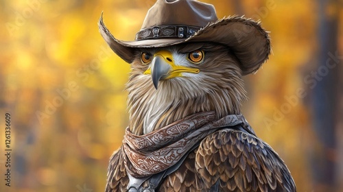 Humorous and imaginative portrait depicting an eagle in cowboy attire, with intricate detailing of its hat and spurs