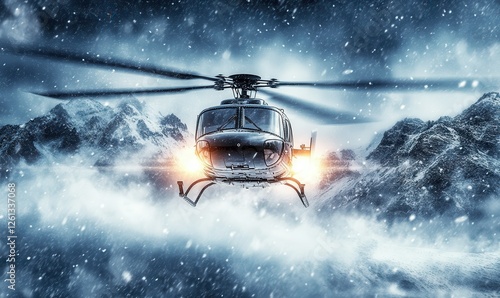 Helicopter flying through a snowstorm over rugged mountains, its bright lights piercing the icy winds.