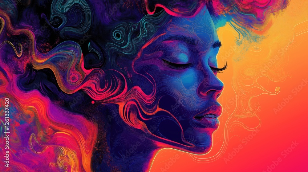 Psychedelic abstract portrait of a woman with vibrant swirling energy Psychedelic abstract portrait of a woman with vibrant swirling energy