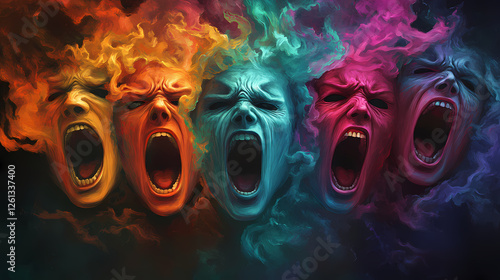 Screaming faces masks featuring chaos and anguish of all colors. Dimension-Warping Masks. Illustration