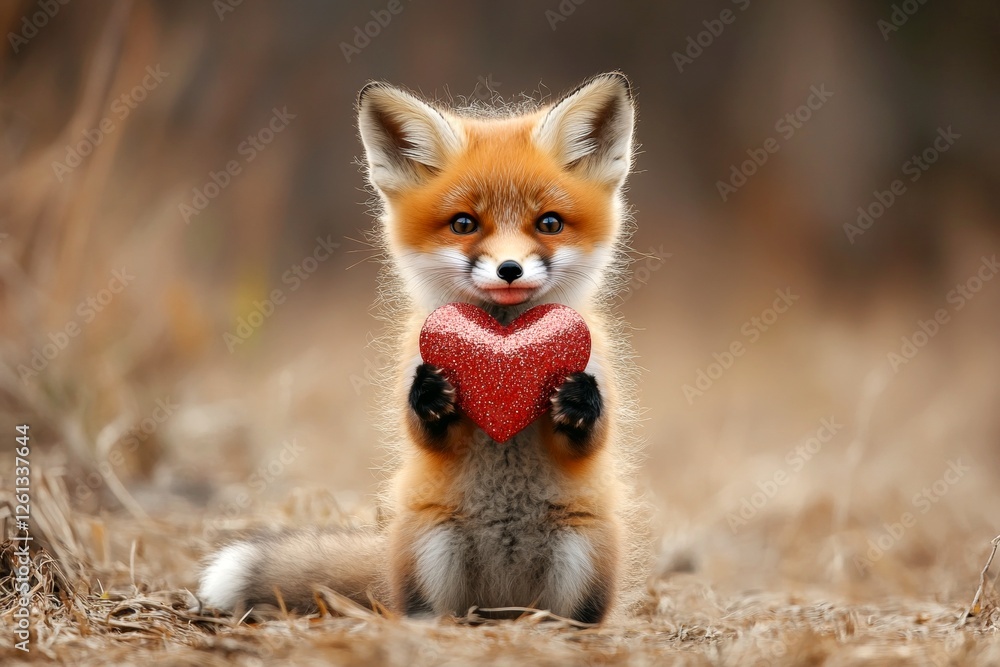 Obraz premium Commercial animal idea. Fox - my preferred animal. Cute fox baby with sparkling rhinestones red heart on in a natural habitat. Valentineâ€™s greeting card with animals. Wild animals showing love.