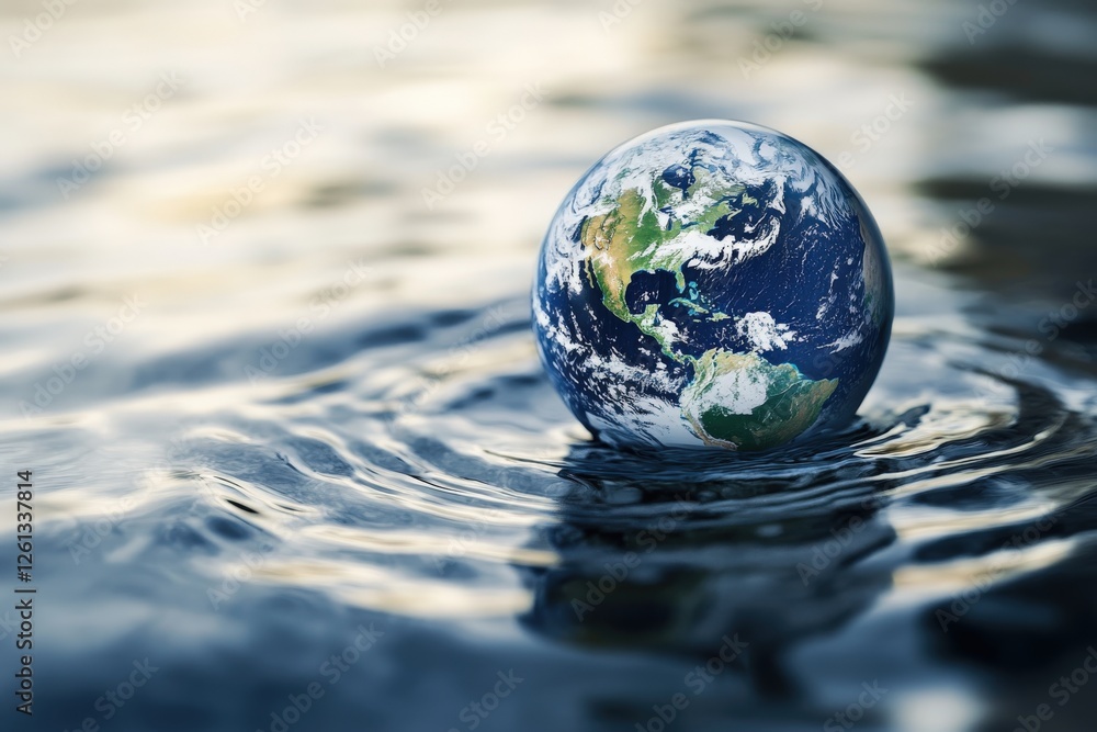 Planet earth floating on water surface creating ripples: climate change concept Planet earth floating on water surface creating ripples: climate change concept