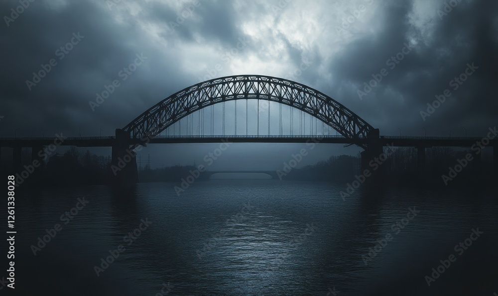 Fototapeta premium Dramatic black steel bridge arching over calm water, moody sky framing the iconic structure, imposing architectural silhouette.