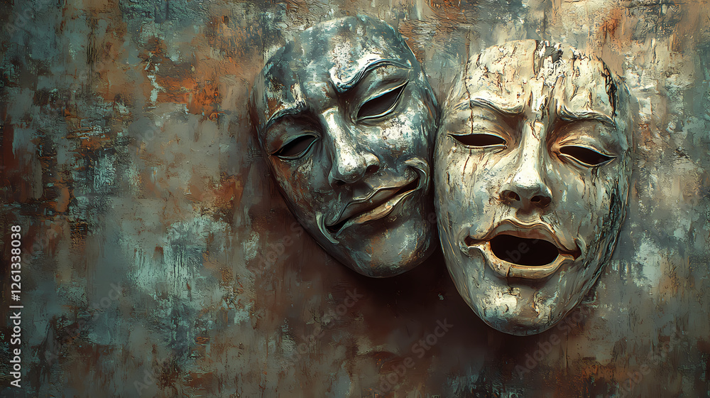 Two masks express joy and sorrow, placed on a textured wall backdrop. Dimension-Warping Masks. Illustration Two masks express joy and sorrow, placed on a textured wall backdrop. Dimension-Warping Masks. Illustration