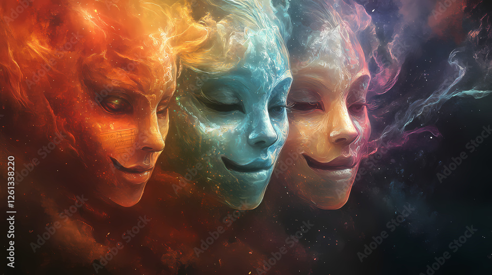 Veil of smiles. Dimension-Warping Masks. Illustration Veil of smiles. Dimension-Warping Masks. Illustration
