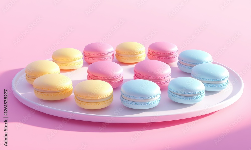 Delicious macarons in pastel hues of pink, yellow, and blue, arranged neatly on a white platter for an elegant dessert spread Delicious macarons in pastel hues of pink, yellow, and blue, arranged neatly on a white platter for an elegant dessert spread