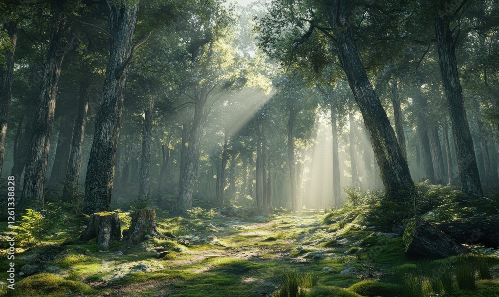 Obraz premium Dreamy forest with tall trees and moss-covered ground, illuminated by soft rays of sunlight breaking through the canopy