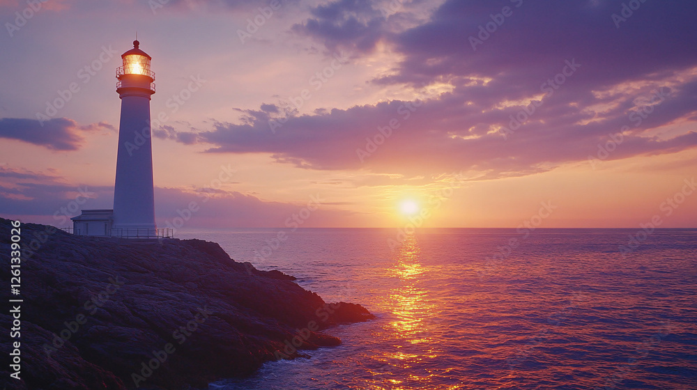A lighthouse on a rocky coastline stands illuminated as a purple and pink sunset reflects over the gentle ocean waves
A lighthouse on a rocky coastline stands illuminated as a purple and pink sunset reflects over the gentle ocean waves