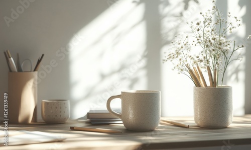 Wallpaper Mural Minimalist desk scene with neutral-toned ceramic mugs and stationery, illuminated by soft natural light for a calm and productive workspace. Torontodigital.ca
