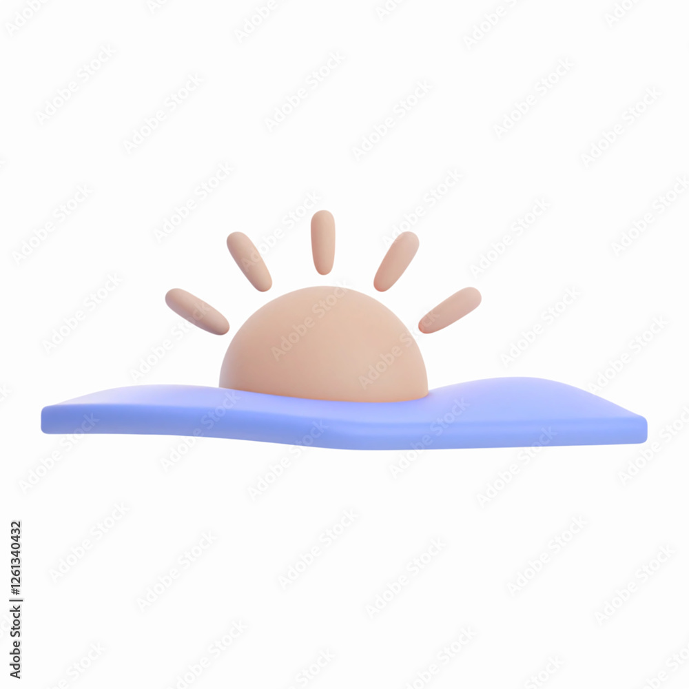 Obraz premium Minimalistic Sunrise Illustration in Soft Pastel Colors Over a Gentle Blue Wave Design