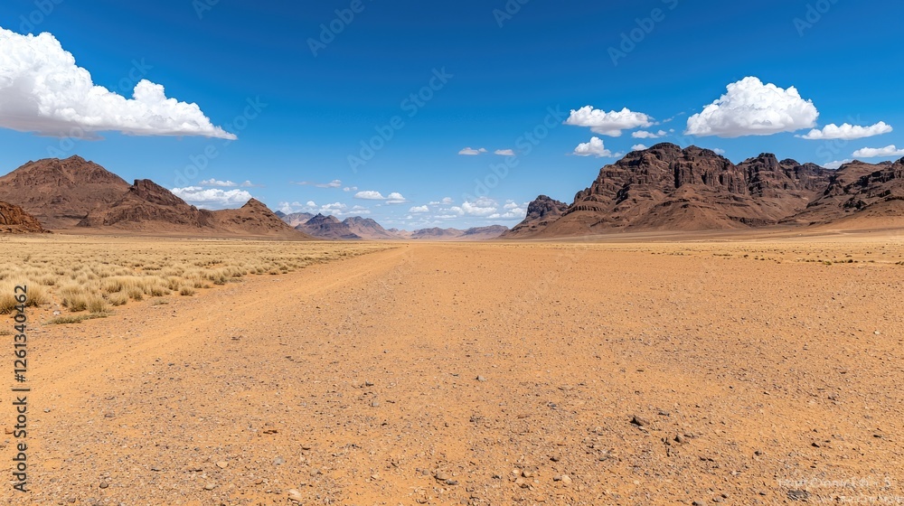 Desert Road under a blue sky, vast landscape, travel destination Desert Road under a blue sky, vast landscape, travel destination