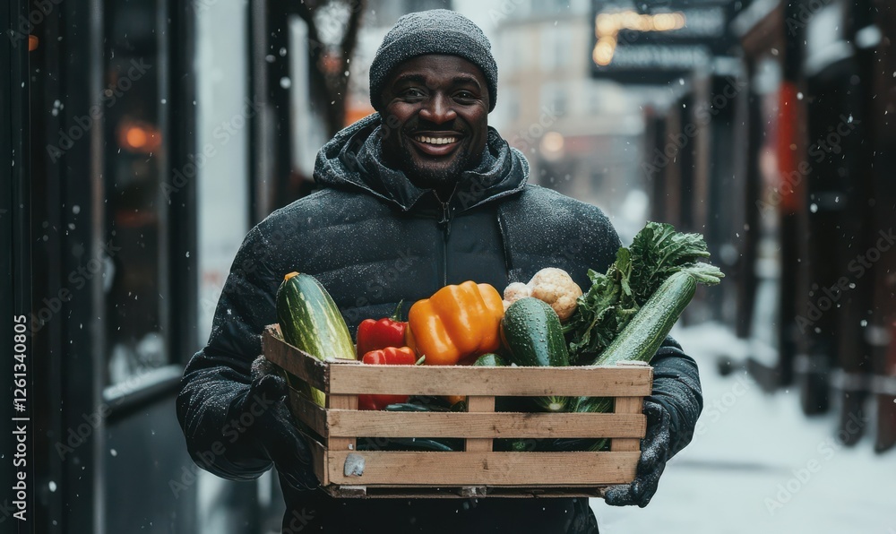 Fototapeta premium Smiling man holding a crate full of fresh vegetable image