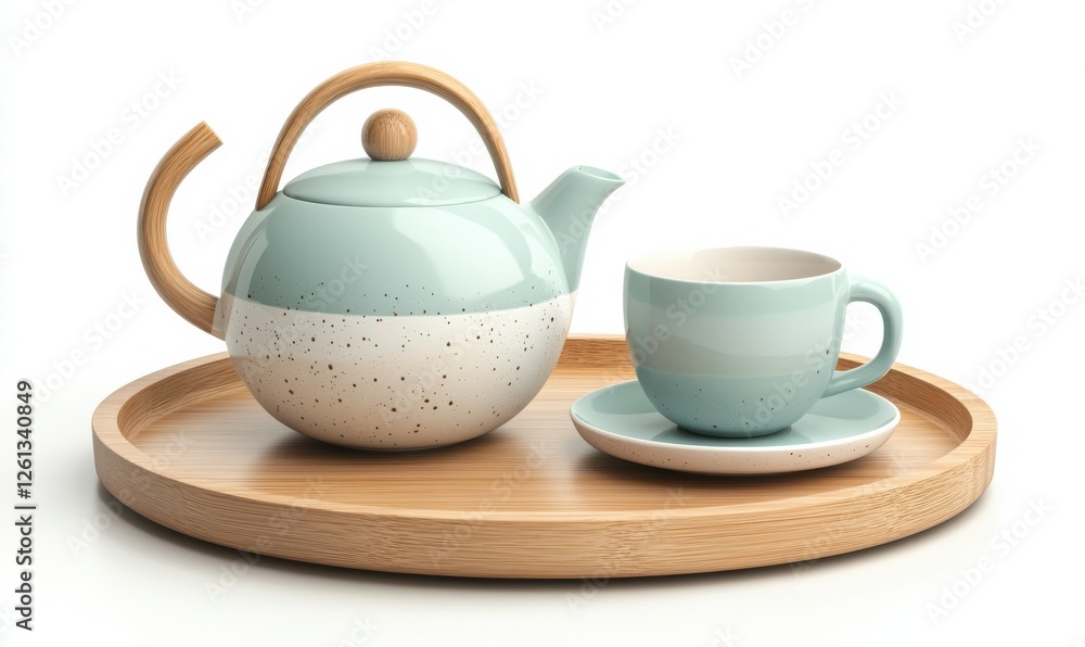 Smooth ceramic teapot and cup set in soft pastel tones on a natural wooden tray, perfect for serene tea-time moments. Smooth ceramic teapot and cup set in soft pastel tones on a natural wooden tray, perfect for serene tea-time moments.