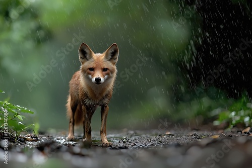 Majestic Red Fox in the Rain: A captivating wildlife portrait showcasing the beauty of nature's creatures in their natural habitat. photo