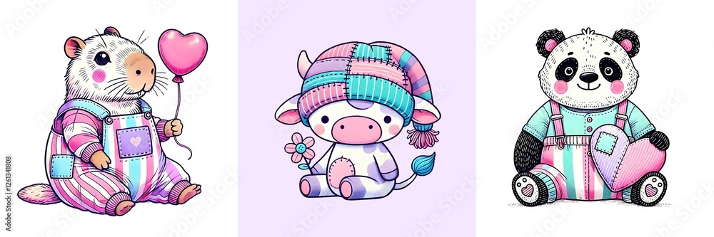 Fototapeta premium Adorable Kawaii Plush Capybara, Cow, and Panda in Pastel Patchwork Outfits